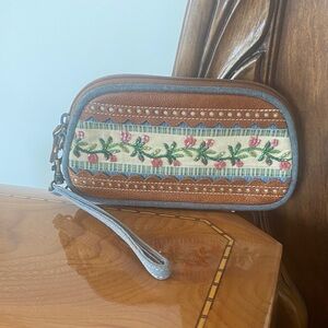 Isabella Fiore Embroidered Floral Wristlet Clutch in Brown and Blue
